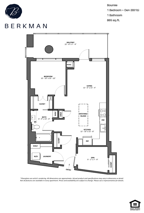 Floor plan for 1 bed, 1 bath, 865 sqft
